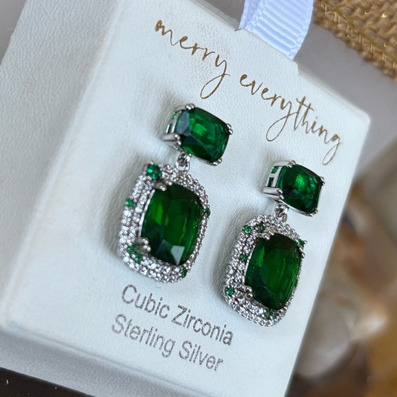 Rachel Zoe Sterling Silver CZ Emerald Green Baguette Drop Earrings Christmas - Picture 3 of 12